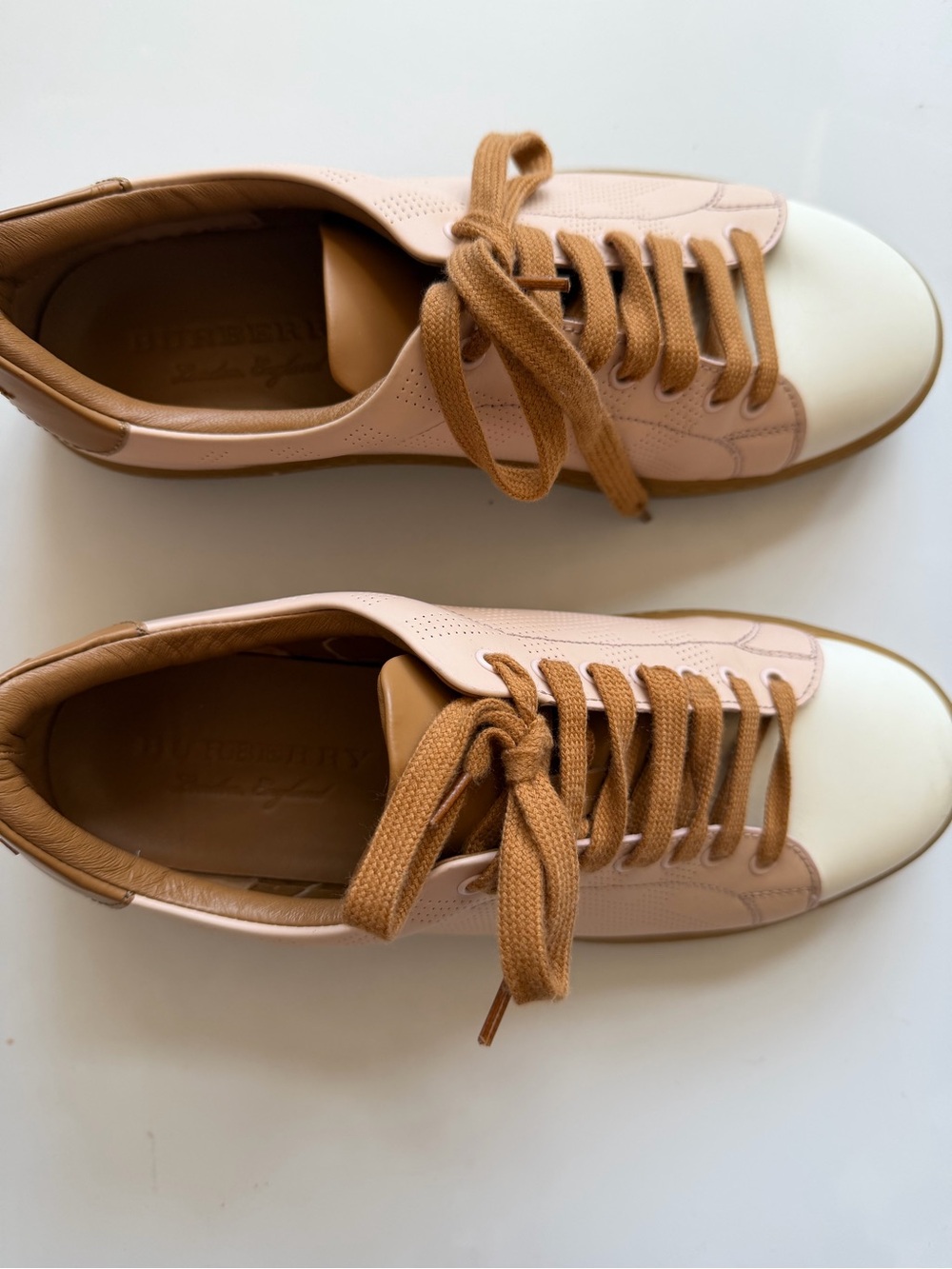 Burberry Leather Colorblock Pattern Sneakers Pink White Tan Brown 38 or 8 women - Picture 7 of 11